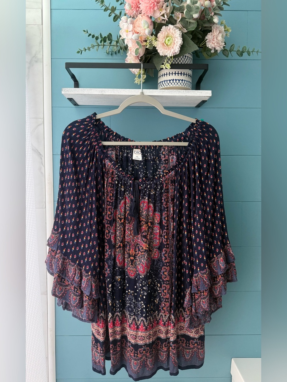 Bila Boho Peasant Top Navy Paisley Bell Sleeve Tassel Blouse Flowy - Size XL - Picture 2 of 8